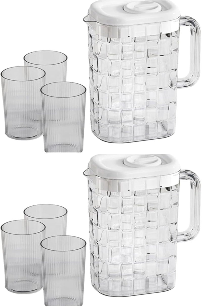 طقم إبريق ماء من الأكريليك مع 3 أكواب، إبريق عصير أنيق من البلاستيك الشفاف والمدخن، وعاء تقديم مشروبات متين وخفيف الوزن للماء والعصير والمشروبات، أدوات مائدة أنيقة للمنزل (إبريقان شفافان، 6 أكواب)